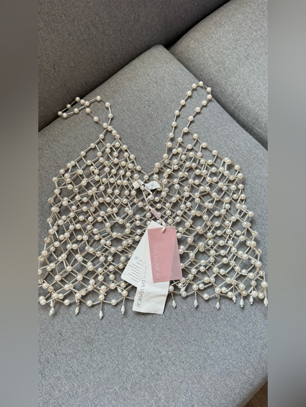 DA VEAMOR Pearl Beaded Cage Top M Silver White Statement NWT